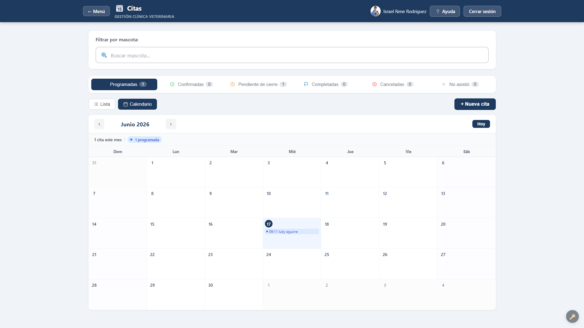 Calendario de citas veterinarias en VetDoc