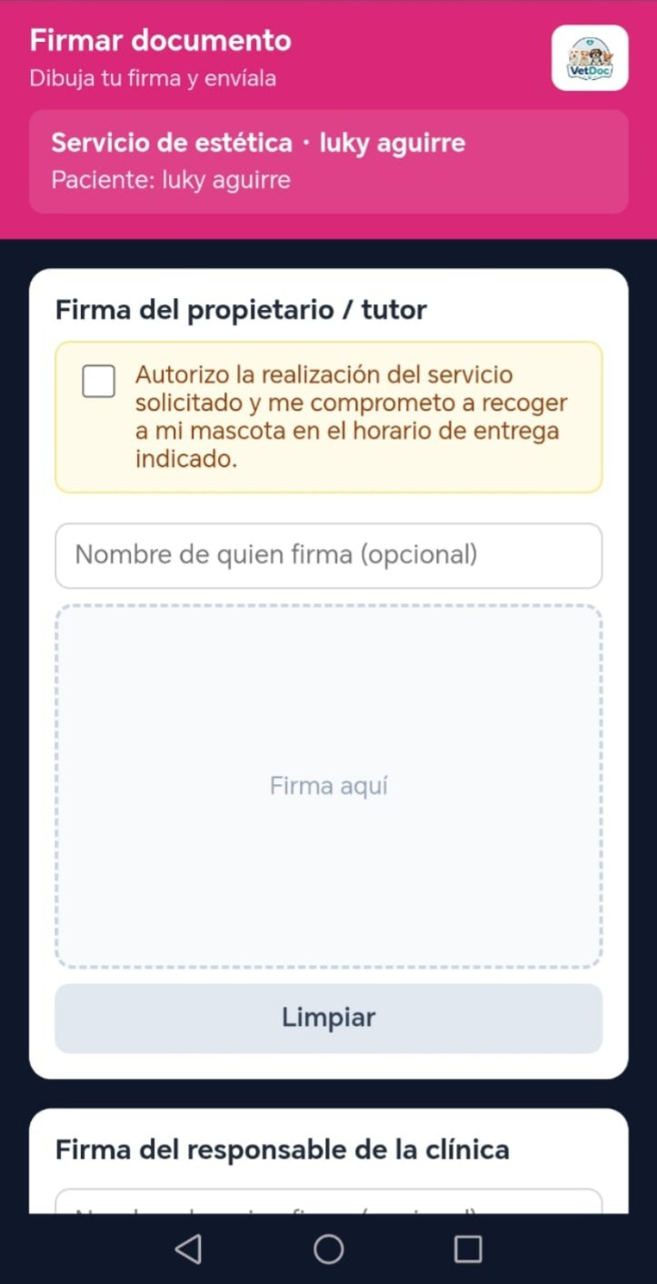 Pantalla móvil para dibujar y enviar firma en VetDoc