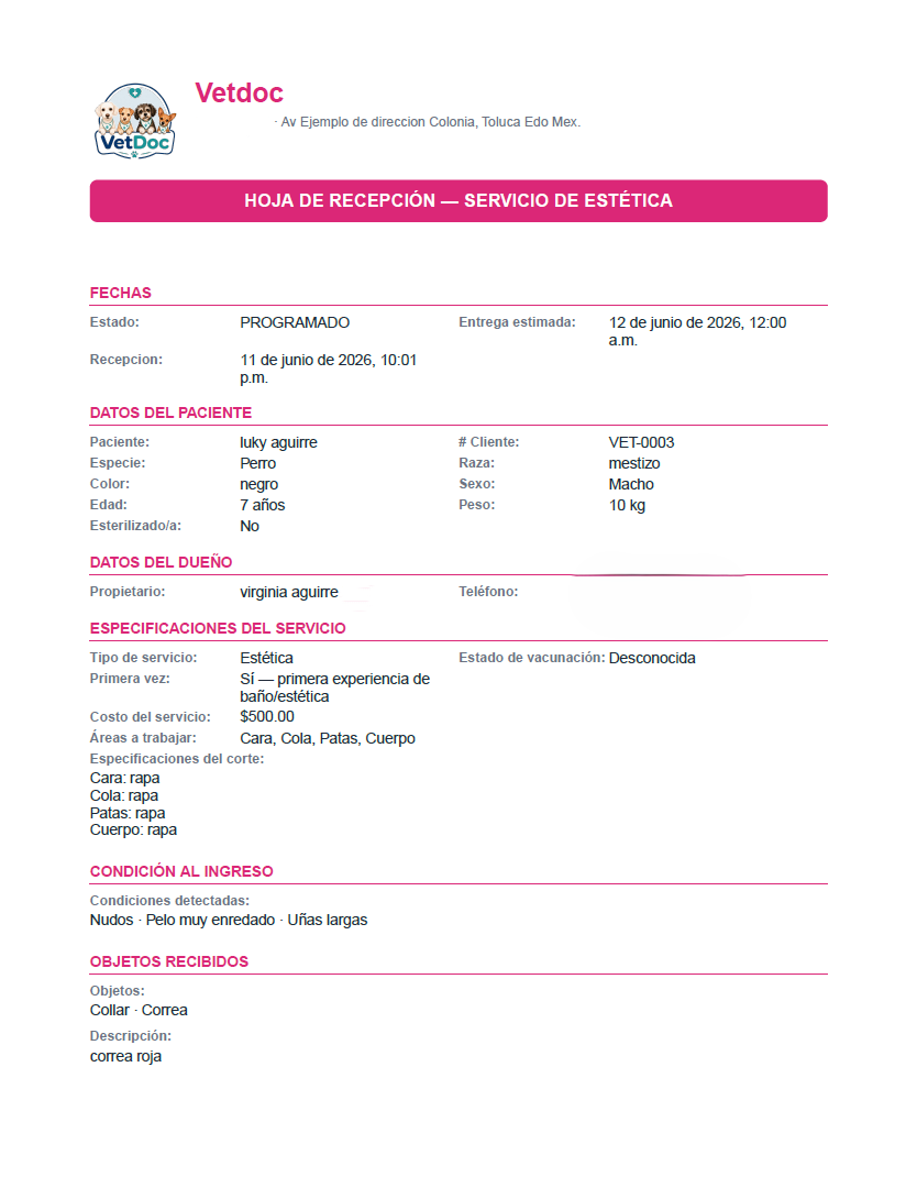 PDF de hoja de recepción generado por VetDoc